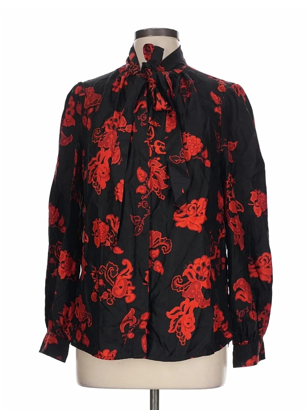 Tory Burch Black Blouse with Red Floral Tie-Neck